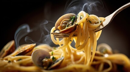 Perfectly cooked spaghetti entwined with fresh clams, garnished and steaming in a cozy kitchen