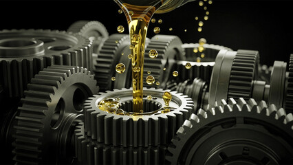 Golden Lubricant Oil Dripping on Metal Gears and Cogs