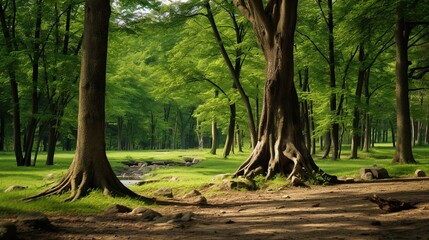 Fototapeta premium green summer atmospheric forest nature scenery landscape photography with beautiful picturesque tree in center of composition surrounded by small meadow