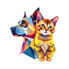 Perro y gato representados en estilo geom&eacute;trico abstracto con l&iacute;neas brillantes, fondo blanco minimalista