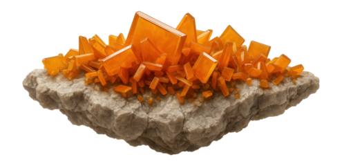 Wulfenite with thin tabular crystals on calcite matrix from Los Lamentos, Mexico