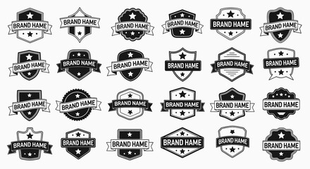 Modern black and white shield emblem logos with star accents and banner elements for branding excellence