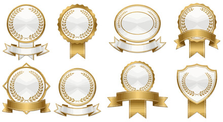 Stunning collection of elegant gold and white award medals and ribbons celebrating achievement and excellence