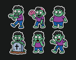 A collection of cartoon zombies in various poses, showing expressions and actions.