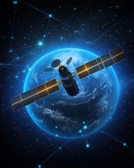 Fototapeta premium Satellite Orbiting Earth at Night with Digital Network Connections