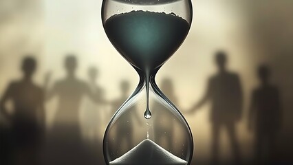 An hourglass with liquid time dripping away, surrounded by faint ghostly silhouettes, symbolizing fleeting moments of life.