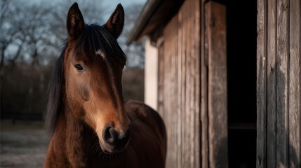 A horse standing near a wooden stable during a serene sunset