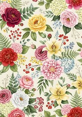 Colorful Vintage Floral Seamless Pattern with Roses and Berries.