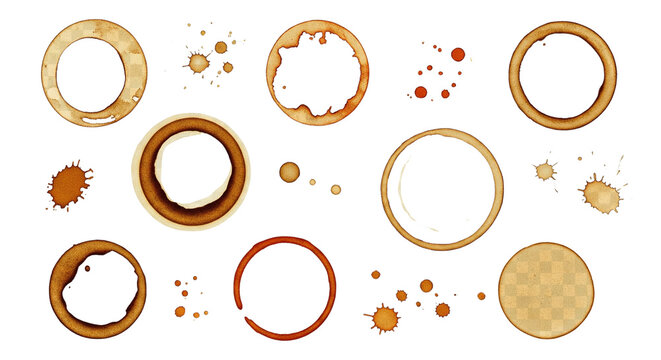 Coffee stains isolated on a transparent background. Royalty high-quality free stock PNG image of Coffee and Tea Stains Left by Cup Bottoms. Round coffee stain isolated, cafe stain fleck drink ..



