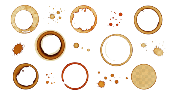Coffee stains isolated on a transparent background. Royalty high-quality free stock PNG image of Coffee and Tea Stains Left by Cup Bottoms. Round coffee stain isolated, cafe stain fleck drink ..



