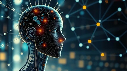 Futuristic artificial intelligence animation with digital human head and glowing neural network technology video in 4k - Powered by Adobe