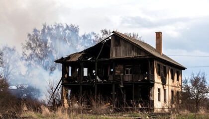 Burnt-down house amidst smoke