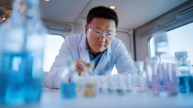 A male scientist East Asian features wearing a lab coat and safety goggles Analyzing water samples in a mobile ocean lab. Minimalist interior with glass vials, digital instruments, and soft lighting