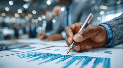 Financial analysts reviewing digital financial reports and planning investment strategies in a corporate meeting