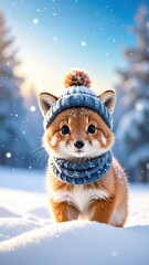 A Cute fox enjoying winter, in warm clothing