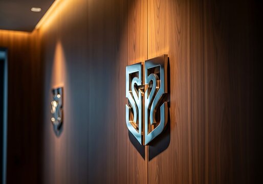 Modern metallic shield logo emblem mounted on a wooden wall with dramatic spotlighting, creating a sense of luxury and corporate identity