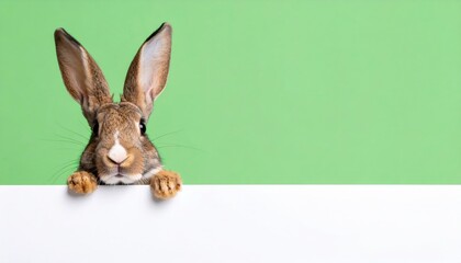 Obraz premium A curious bunny rabbit looking over a surface with a cheerful expression. The bunny has brown fur, long ears, and is against a pale green background.