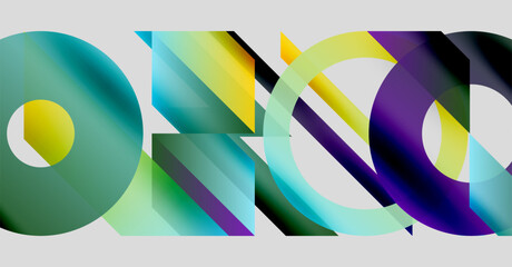 Abstract graphic design features overlapping colorful shapes forming letterforms. Gradient hues create dynamic visual interest. Modern aesthetic.