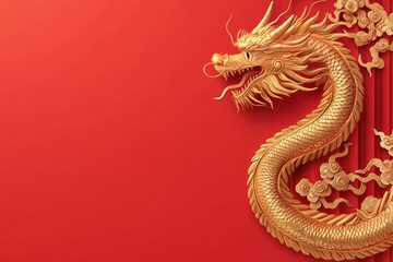 Obraz premium Golden Dragon's Descent: A radiant gold dragon gracefully descends against a backdrop of vivid red, embodying prosperity and auspiciousness, a vibrant symbol of cultural heritage.