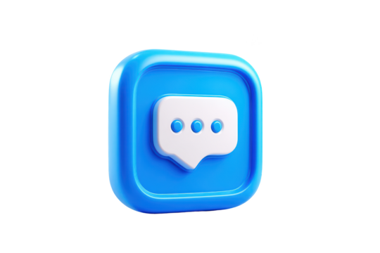 3D blue rounded square chat icon with white speech bubble and dots