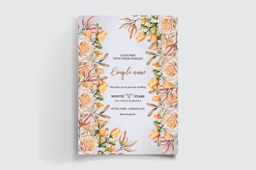 WEDDING INVITATION FRAME WITH FLOWER DECORATIONS AND FRESH LEAVES