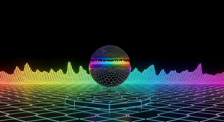 Abstract sphere with rainbow sound wave equalizer and grid pattern on black background