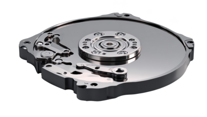 Close-up of hard drive internals, shiny metal components, on black background