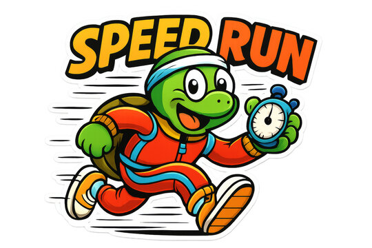 Cartoon turtle running a speed run holding stopwatch with transparent background