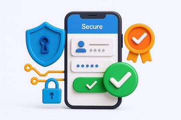 3D smartphone displaying secure login features with colorful icons representing safety and verification.