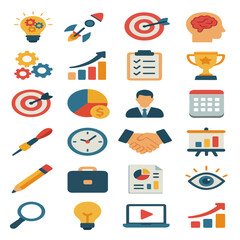 Flat Business Icons – Productivity, Strategy, Office Tools & Success Symbols Vector Set
