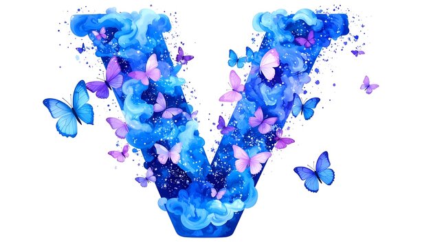 Vibrant letter V with butterflies