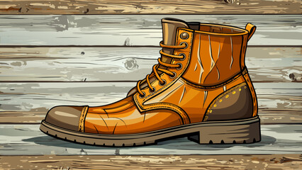 Tan leather casual boots on weathered wooden surface background with copy space to right .white background, 