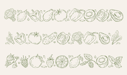 Fototapeta premium Set of hand drawn vector borders with fruits and vegetables. Decorative line illustrations for menus, packaging, invitations, and natural food design projects