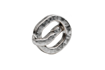 Shiny, silver-colored puzzle, interlocking, geometric design, on a black background