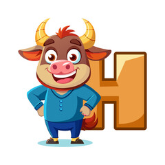 Playful Bull Character with Big Alphabet H, Cute Cartoon Illustration for Kids, Fun Learning, Educational Children Book Artwork Vector