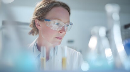 A female scientist a white lab coat in a modern laboratory, conducts chemical experiments using vibrant liquids in glassware. professional research setting in the lab equipment.