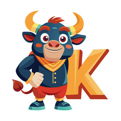 Playful Bull Character with Big Alphabet K, Cute Fun Kids Illustration, Colorful Learning Design, Children’s Book Educational Artwork, Vector Art
