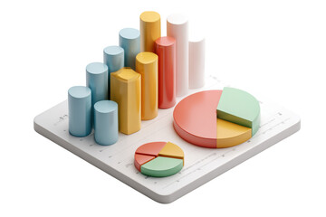 Isometric 3D data visualization, colorful bar and pie charts, business analytics on white grid