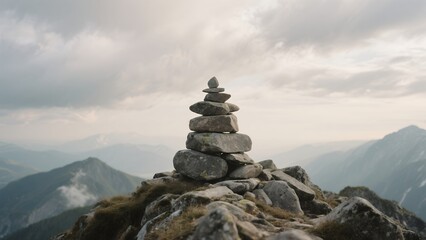 A meticulously stacked stone cairn stands proudly on a rugged mountain peak under a dramatic cloudy sky, overlooking a vast, misty landscape.