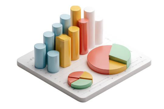 Isometric 3D data visualization, colorful bar and pie charts, business analytics on white grid