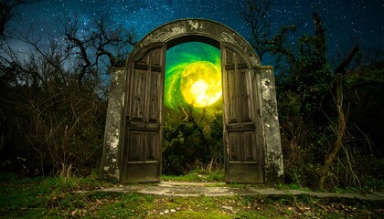 Magical Open Door with Glowing Lights