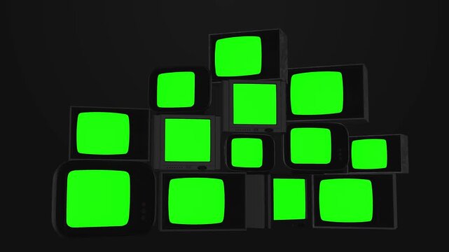 Vintage Electronics TV Display Green Screen Array Green Screen TVs Surrounded by Stacked Old Televisions from the 80s 90s, Ending with Zoom-In. grid of monitor screens key out replace your own media