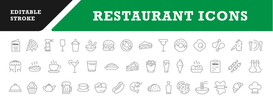  Restaurant Food and Drink Line Icons Set &ndash; Editable Stroke Vector Illustrations for Menu, Cafe, Fast Food, and Culinary Design
