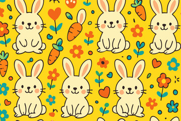 Adorable Cartoon Bunnies, Carrots, and Flowers in a Cheerful Seamless Pattern