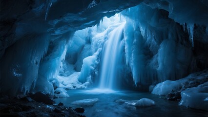 A mesmerizing icy waterfall cascades within a stunning blue ice cave.