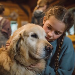 Therapy golden retriever with children in mountain cabin, calm and gentle dog for emotional support