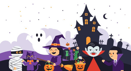 Flat Design Halloween Party Scene With Monster and Spooky Castle Illustration