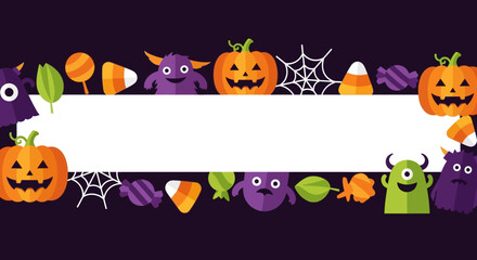 Flat Style Halloween Frame with Pumpkin, Monster and Candy Element
