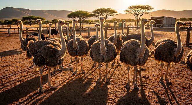 Captivating Gathering: A Serene Ostrich Congregation at Dusk under the African Skyline - Powered by Adobe