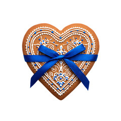 Oktoberfest gingerbread heart cookie with blue ribbon. Isolated white background. Png format